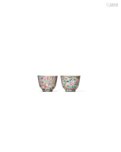 A PAIR OF FAMILLE-ROSE ENAMELLED 'MILLEFLEUR' CUPS J...