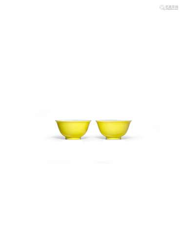 A PAIR OF LEMON YELLOW GLAZED BOWLS Yongzheng six-character ...