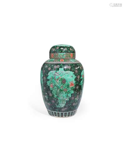 A Massive black-ground verte-enameled Oviform Glazed Jar and...