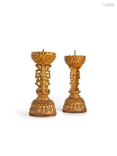 A Rare Pair of Gilt Lacquer Wood Lotus-Form Candlesticks 18t...