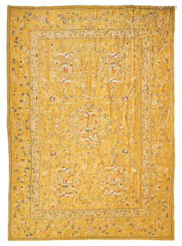 A large Imperial-Mustard-Yellow-ground silk embroidery  Qing...