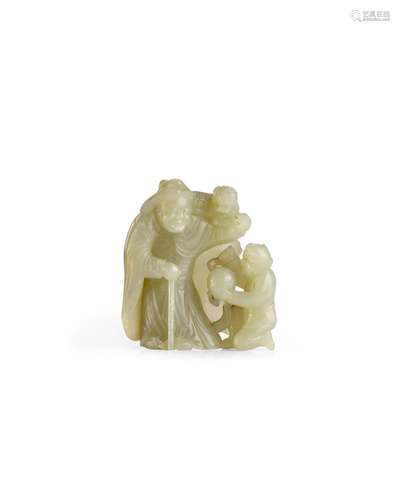 A pale celadon jade figure of foreigner, small Buddhist lion...