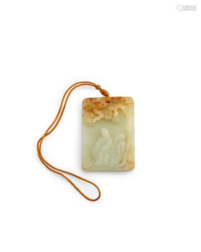 A rectangular Jade Pendant with Seated Scholars under pine  ...