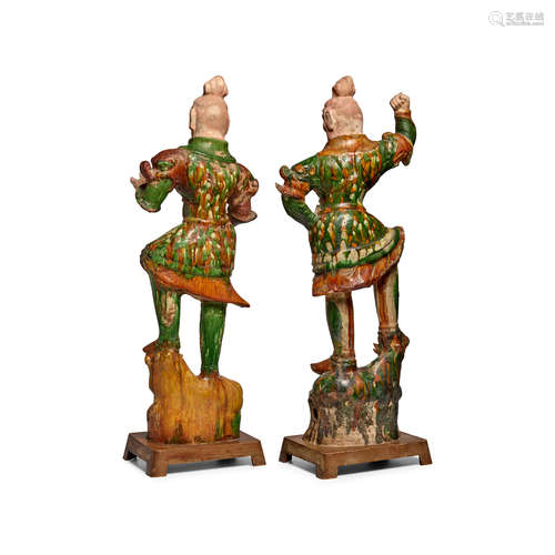 TWO SANCAI GLAZED POTTERY GUARDIAN FIGURES