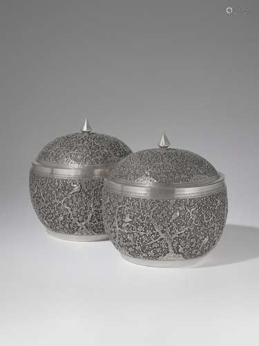 A PAIR OF SILVER BOWLS WITH PRUNUS TREE BLOSSOMS AND BIRDS B...