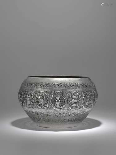 A SILVER OFFERING BOWL WITH TWELVE SIGNS OF THE ZODIAC BURMA...