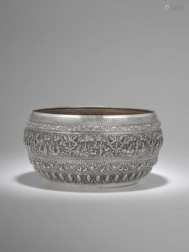 A SILVER OFFERING BOWL WITH SCENES FROM THE SAMA JATAKA  LOW...