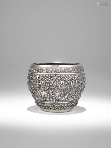 A SILVER OFFERING BOWL WITH SCENES FROM THE SAMA JATAKA  LOW...