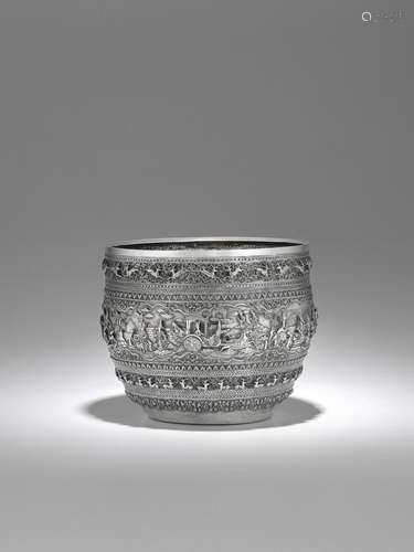 A SILVER OFFERING BOWL WITH SCENES FROM THE JATAKA TALES  BU...