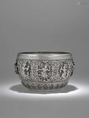 A SILVER PIERCED OFFERING BOWL WITH CHARACTERS FROM THE RAMA...