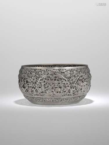 A SILVER PIERCED OFFERING BOWL WITH SCENES FROM THE RAMAYANA...