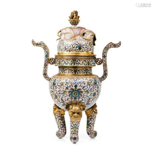 A large cloisonné incense burner with cover