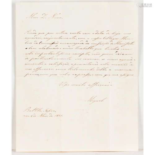A letter by King Miguel I of Portugal to João de Lemos