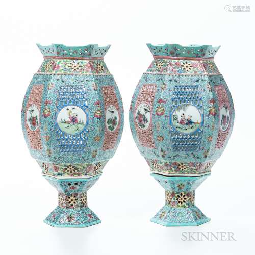 Pair of Famille Rose Wedding Lanterns and Stands