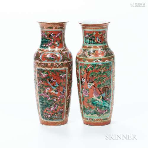 Pair of Famille Rose Red-ground Vases