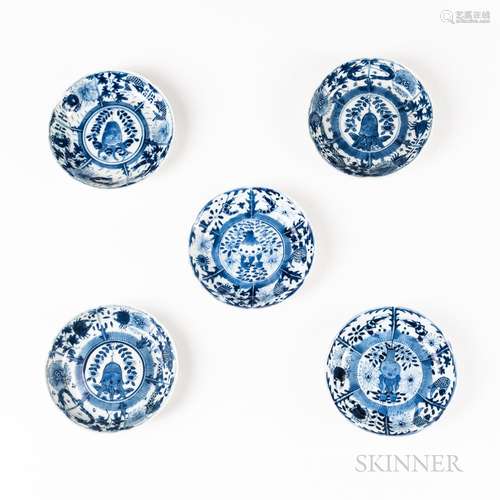 Set of Five Six-lobed Blue and White Dishes