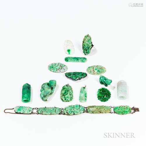 Fourteen Assorted Mostly Green Jadeite Accessories and Carvi...