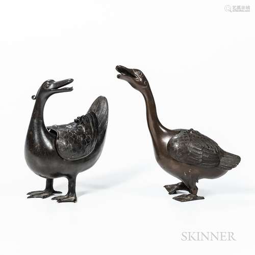 Two Cast Bronze Goose-form Censers