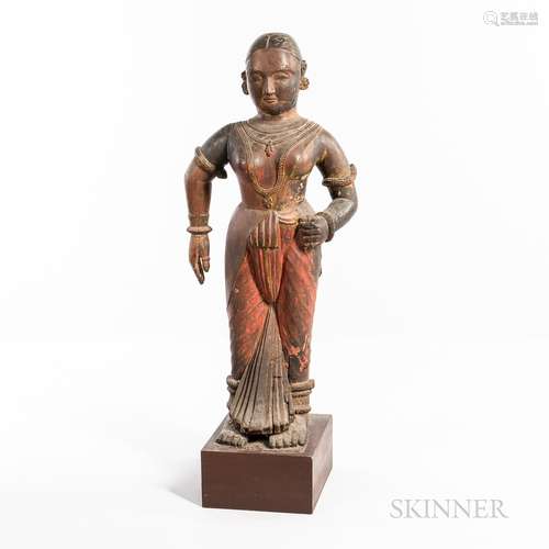 Large Carved Polychrome Wood Figure of a Woman