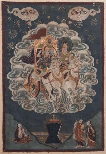 Buddhist Painting Depicting Deities in a Horse Chariot