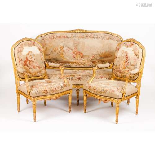 A Louis XVI style settee and pair of fauteuils