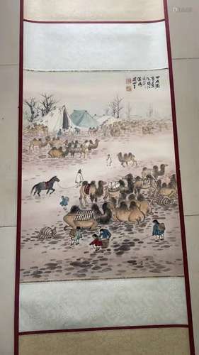 Chinese Ink Color Scroll Painting w Calligraphy