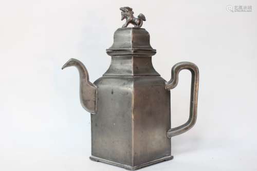 Chinese Pewter Teapot w Lion Finial