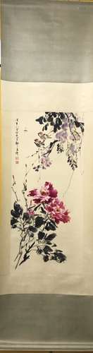 Chinese Ink Color Scroll Painting w Calligraphy