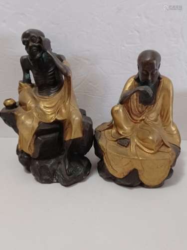 Two Chinese Antique Gilt Bronze Luohan Figural
