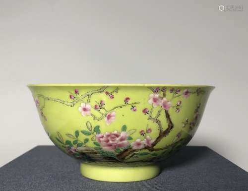 Chinese Yellow Ground Famille Rose Porcelain Bowl,