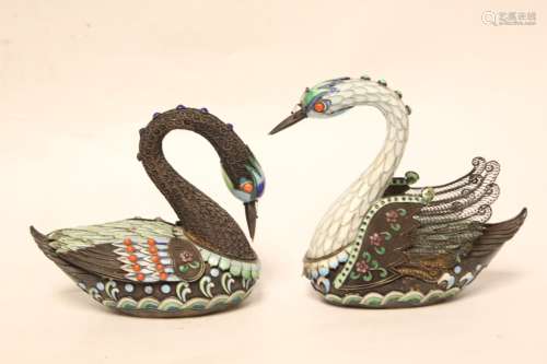 Two Japanese Silver Enamel Filigree Swan