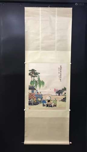 Chinese Ink Color Scroll Painting w Calligraphy