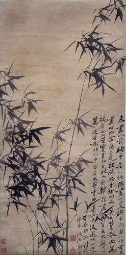 Chinese Ink Scroll Painting of Bamboo, Calligraphy