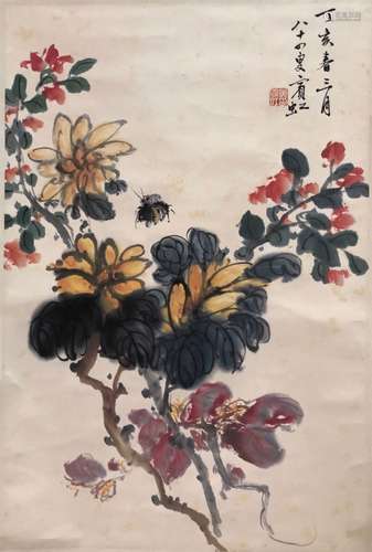 Chinese Ink Color Scroll Painting w Calligraphy