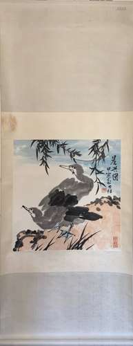 Chinese Ink Color Scroll Painting w Calligraphy