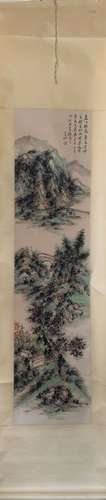 Chinese Ink Color Scroll Painting w Calligraphy