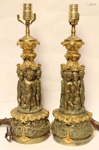 Pair of Bronze Lamp w Cupid