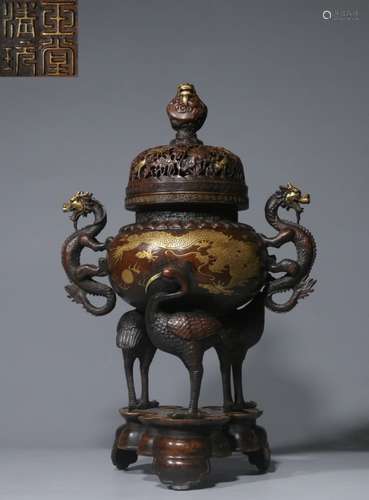 Chinese Gilt Bronze Footed Censer w Dragon&Crane