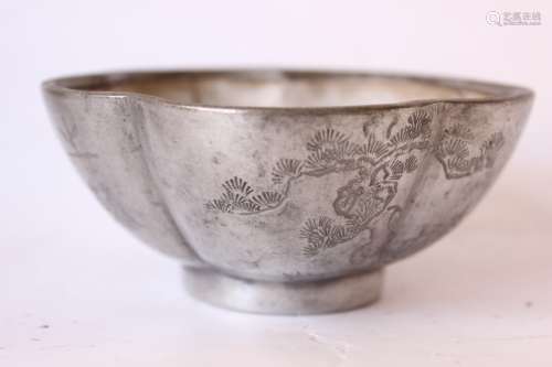 Chinese Ceramic Bowl w Pewter Mount