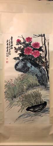 Chinese Ink Color Scroll Painting w Calligraphy