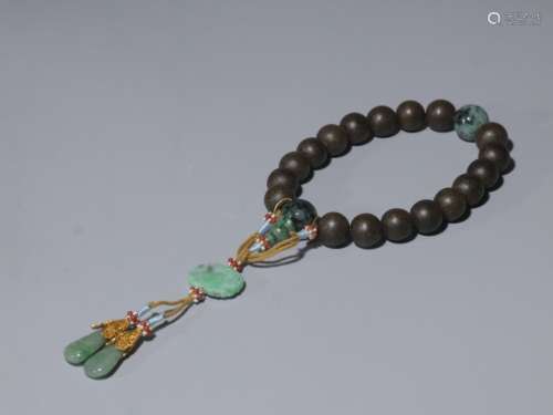 Chinese 18 Chengxiang Wood Prayer Bracelet  w Jade