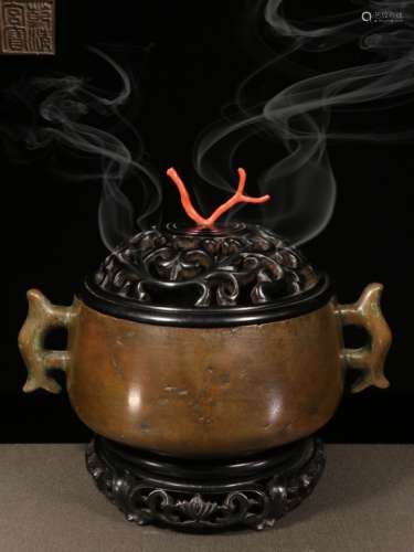 Chinese Bronze Censer w Zitan Stand&Coral Finial.