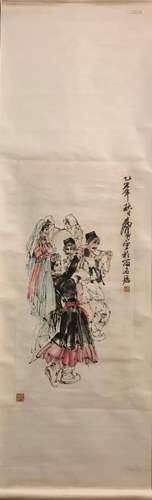 Chinese Ink Color Scroll Painting w Calligraphy