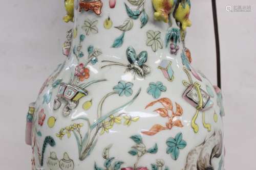 Tall Chinese Famille Rose Porcelain Vase Made into