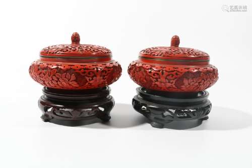 Pair Of Lacquer Carving Jars, China
