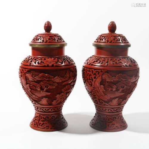 Pair Of Lacquer Carving General Jars, China