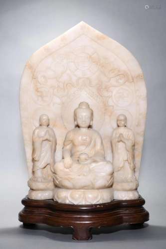 Ming: A Large Carved Jade Buddha with Two Disciples Ornament