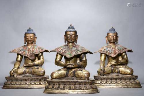 Ming Dynasty: A Set of Gilt Bronze three Treasures Buddha St...