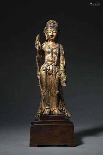 Tang Dynasty: A Gilt Bronze Standing Buddha Statue