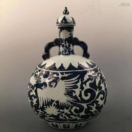 Chinese Blue-White Phoenix & Lotus Moon Flask Vase